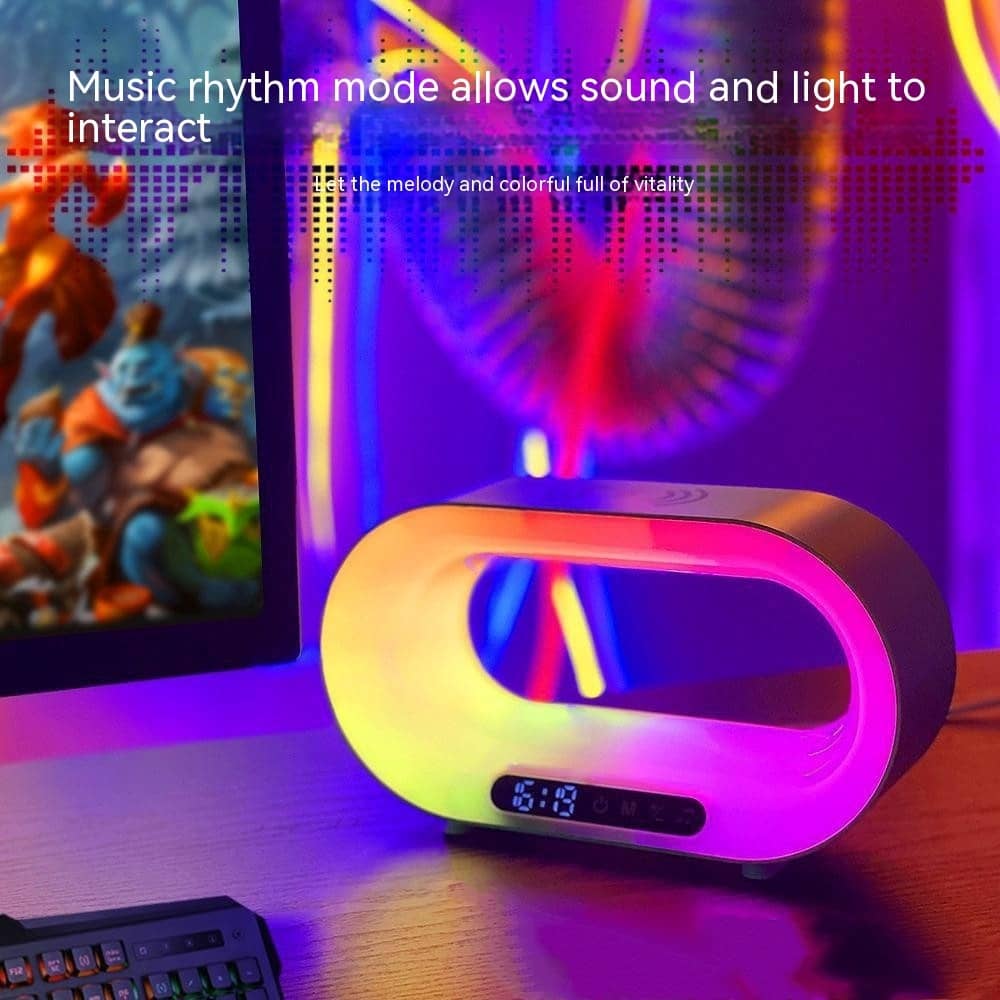 Giggly Gear ambient lighting phone charger dock with colourful light display on office desk