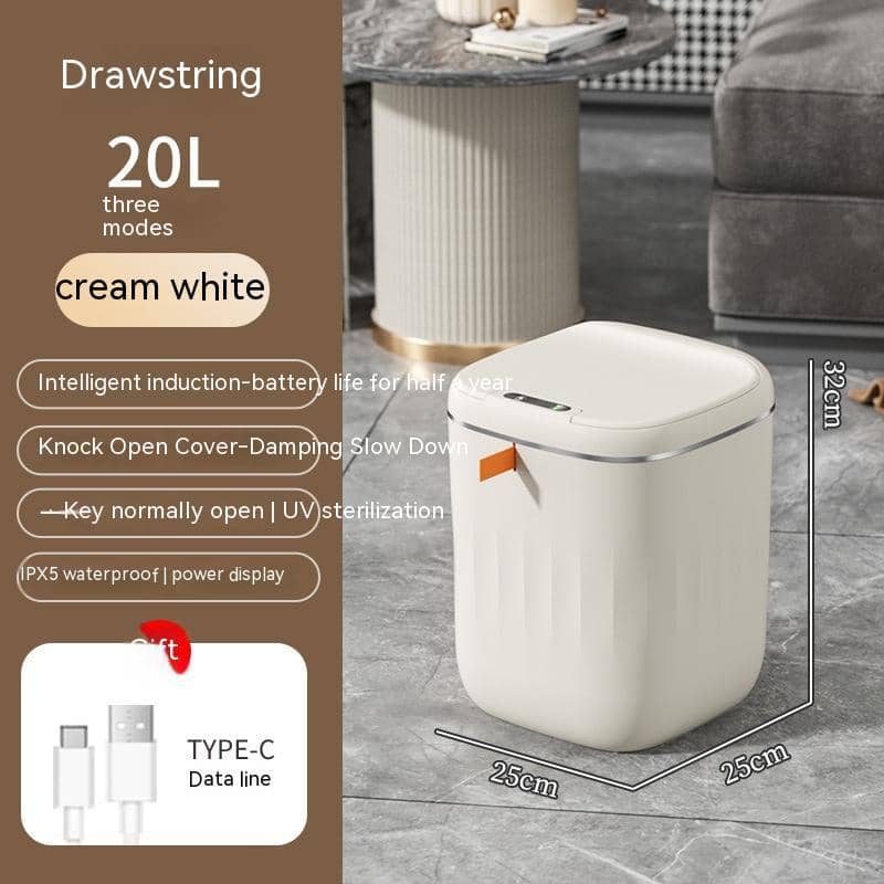 Cream white compact sensor waste bin UK with 20L capacity and touch-free induction for desk use