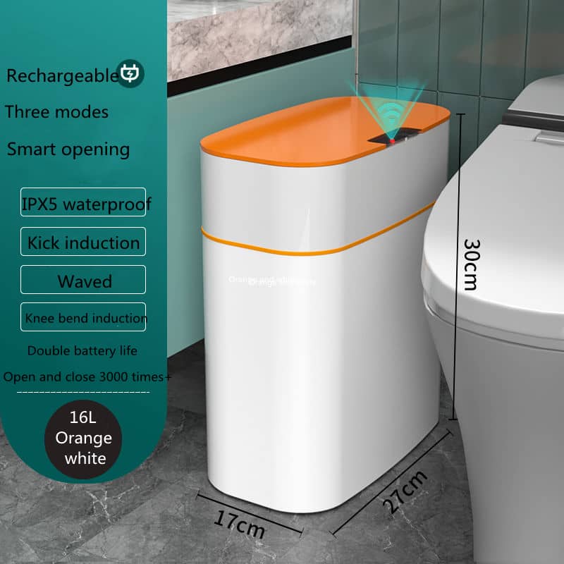 Giggly Gear compact sensor waste bin UK orange white 16L rechargeable waterproof for bathroom