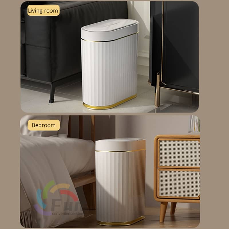 Giggly Gear compact sensor waste bin UK in white and gold for living room and bedroom use