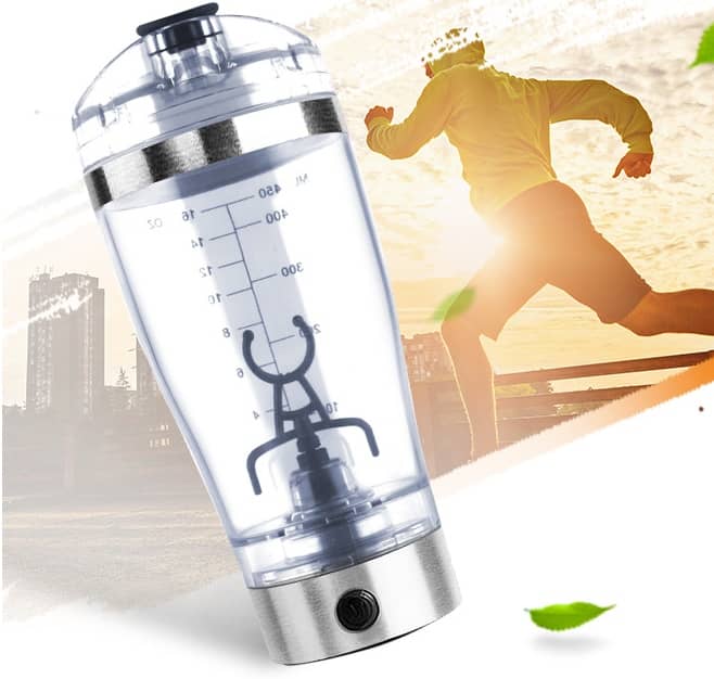 Giggly Gear electric protein shaker bottle transparent with stainless steel base for fitness use
