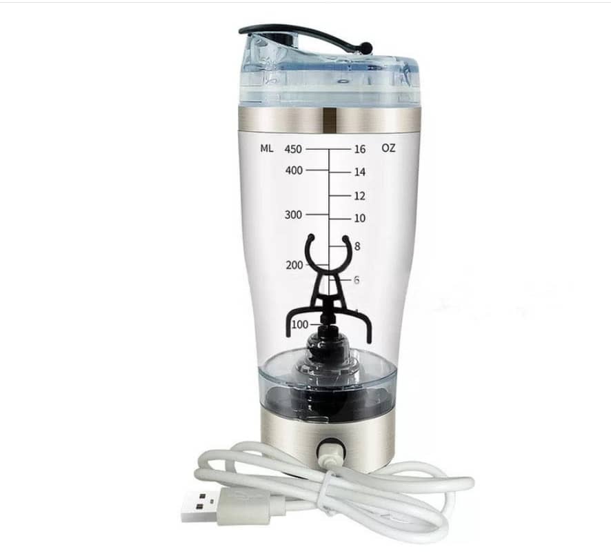 electric protein shaker bottle clear with silver base and USB charging cable for mixing drinks