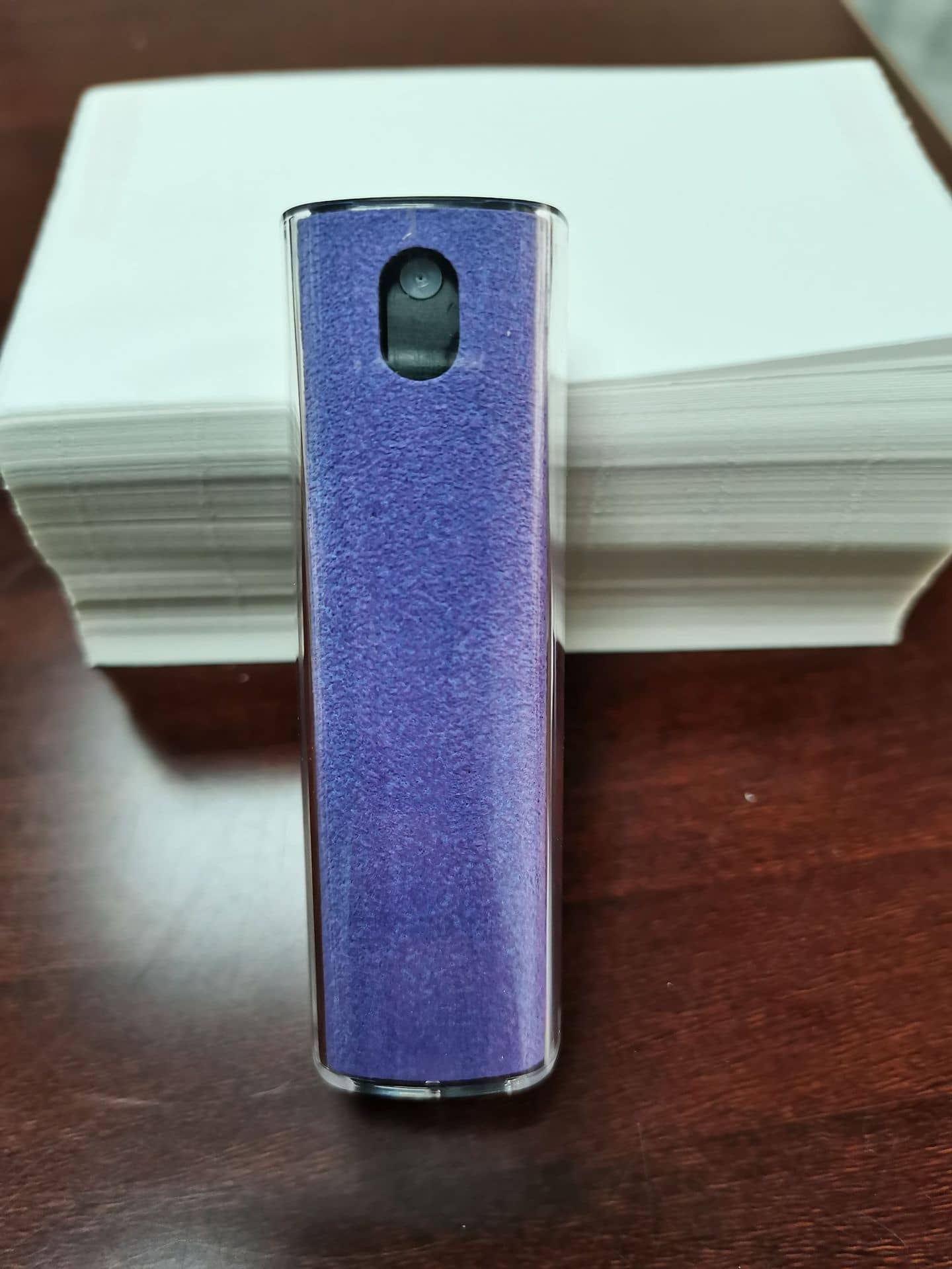 Giggly Gear purple screen cleaning spray with integrated wipe for desk accessories